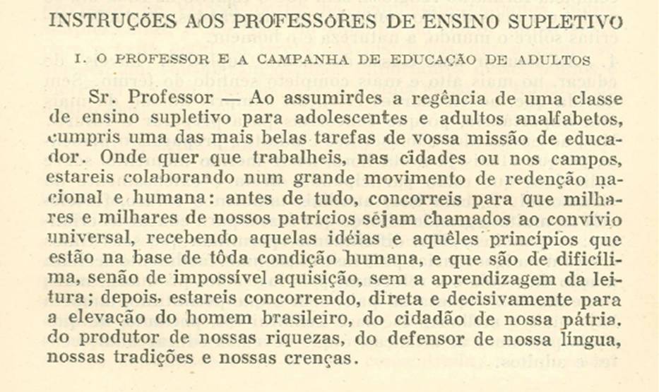 Instruções aos professores de ensino supletivo