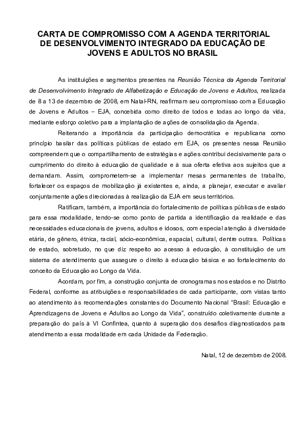 Carta de Compromisso com a Agenda Territorial de Desenvolvimento Integrado da Educação de Jovens e Adultos no Brasil