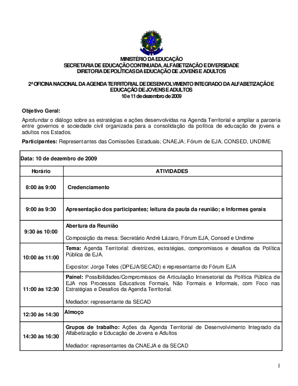 2ª Oficina Nacional da Agenda Territorial de Desenvolvimento Integrado da Alfabetização e Educação de Jovens e Adultos