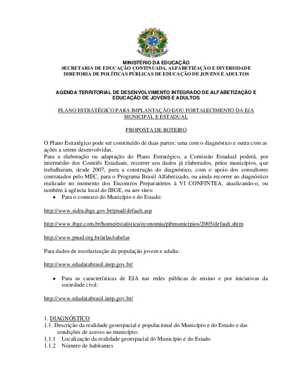 Plano estratégico para implantação e/ou fortalecimento da EJA municipal e estadual