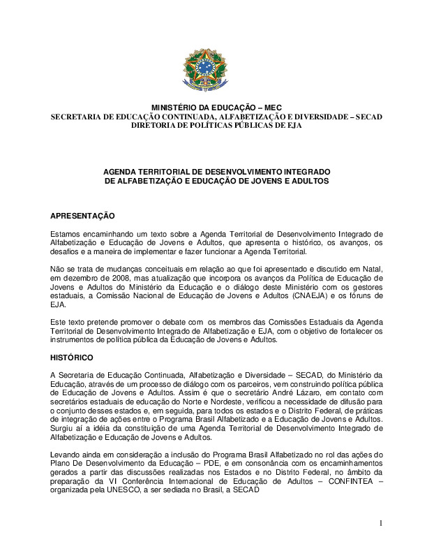 Agenda Territorial de Desenvolvimento Integrado de Alfabetização e Educação de Jovens e Adultos