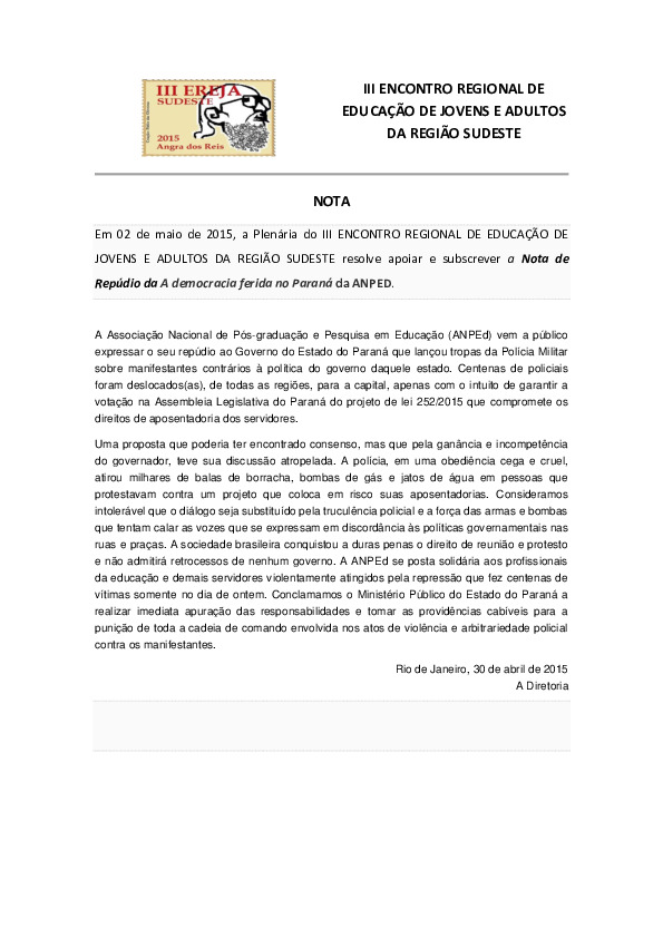 Nota de Repúdio da A democracia ferida no Paraná da Associação Nacional de Pós-graduação e Pesquisa em Educação (ANPEd)