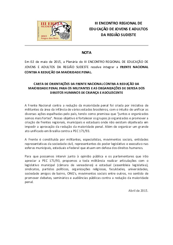 Carta de orientações da frente nacional contra a redução da maioridade penal para os militantes e as organizações de defesa dos direitos humanos de criança e adolescente