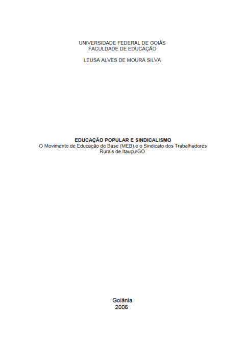 Educação popular e sindicalismo o movimento de educação De Base (MEB) e o sindicato dos trabalhadores rurais de Itauçu/GO