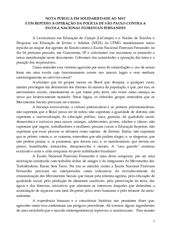 Nota pública em solidariedade ao MST e em repúdio à operação da polícia de São Paulo contra a Escola Nacional Florestan Fernandes