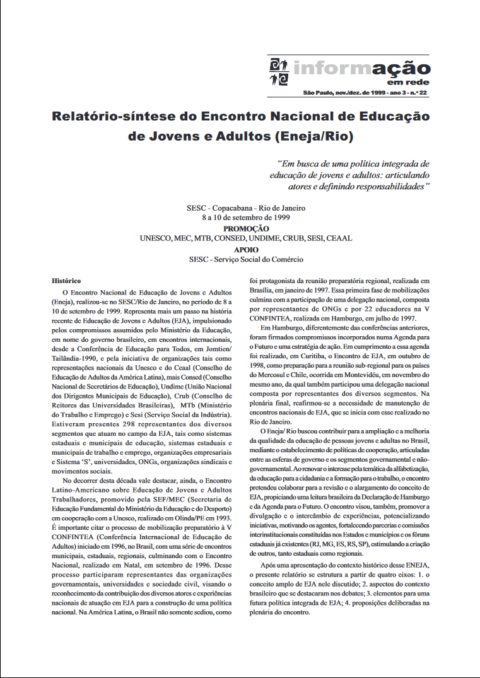 Relatório-síntese do Encontro Nacional de Educação de Jovens e Adultos (Eneja/Rio)