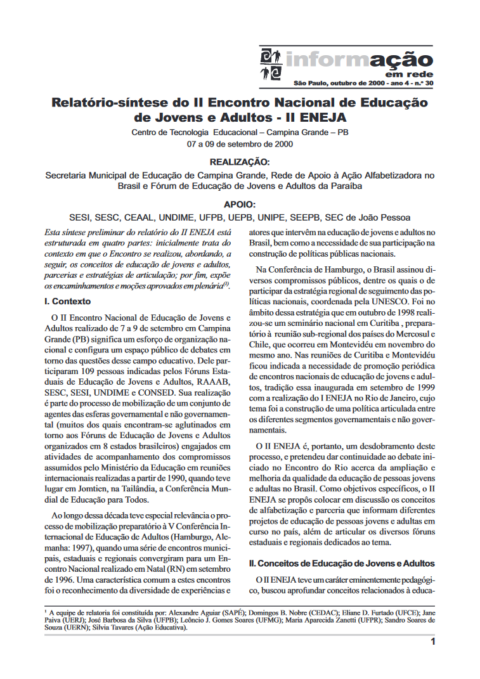 Relatório-síntese do II Encontro Nacional de Educação de Jovens e Adultos - II ENEJA