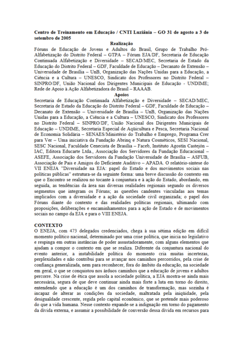 Relatório-síntese do VII Encontro Nacional de Educação de Jovens e Adultos (ENEJA)