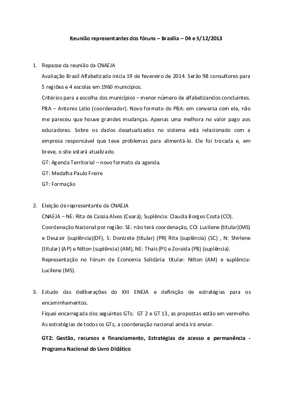 Reunião de representantes dos fóruns – Brasília 04 e 05/12/2013