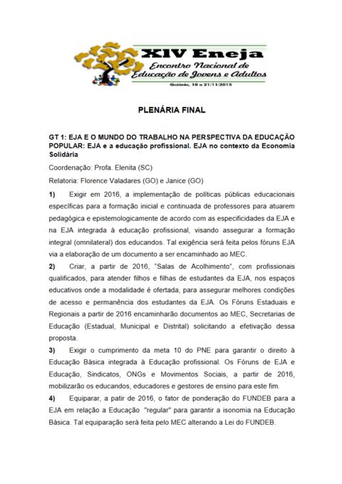 XIV Encontro Nacional de Educação de Jovens e Adultos (XIV ENEJA): plenária final