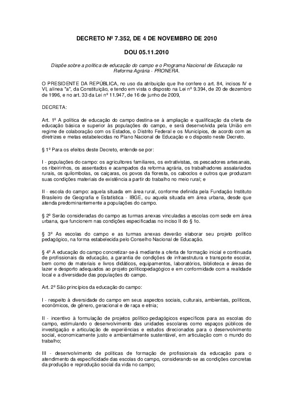 Decreto 7.352/2010 Política de Educação do Campo e PNE na reforma agrária