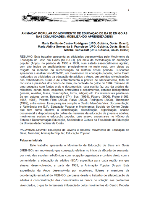 Animação Popular do Movimento de Educação de Base em Goiás nas Comunidades: Mobilizando Aprendizagens