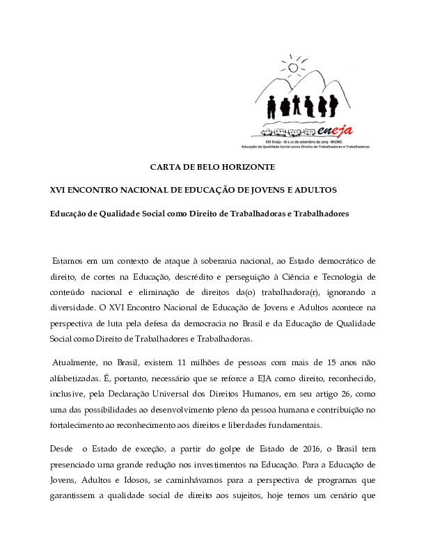 Carta de Belo Horizonte XVI Encontro Nacional de Educação de Jovens e Adultos Educação de qualidade social como direito de trabalhadoras e trabalhadores