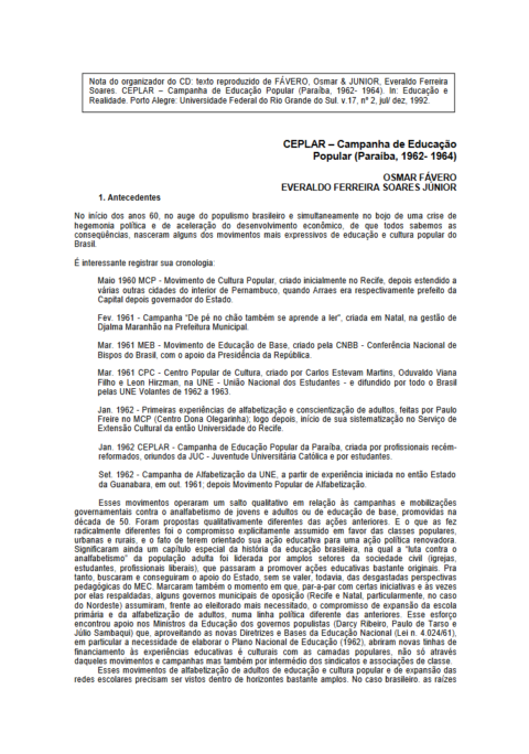 CEPLAR – Campanha de Educação Popular (Paraíba, 1962- 1964)