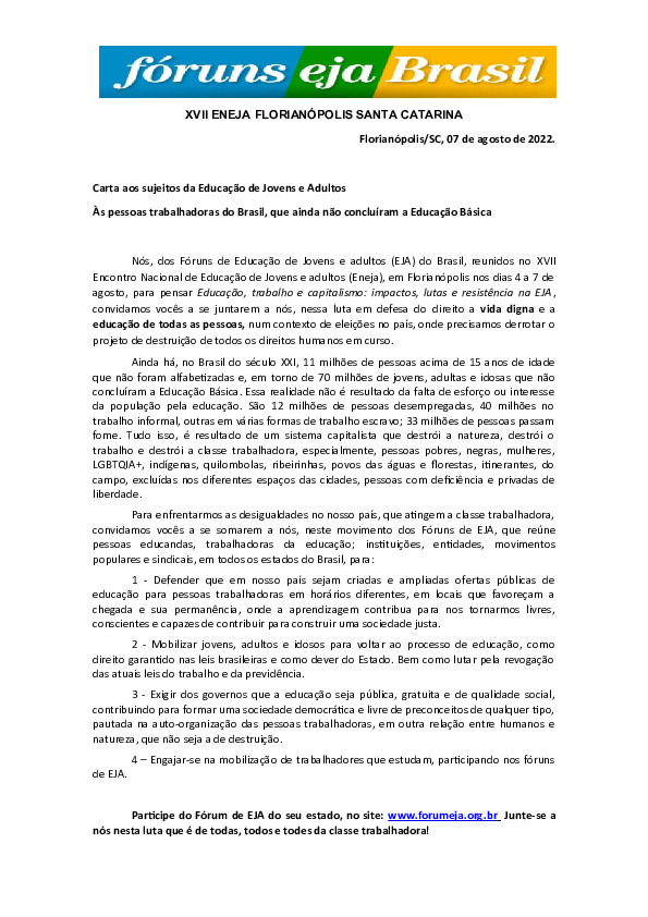 Carta aos sujeitos da Educação de Jovens e Adultos Às pessoas trabalhadoras do Brasil, que ainda não concluíram a Educação Básica