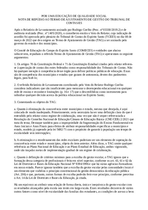 POR UMA EDUCAÇÃO DE QUALIDADE SOCIAL - NOTA DE REPÚDIO AO TERMO DE AJUSTAMENTO DE GESTÃO DO TRIBUNAL DE CONTAS/ES