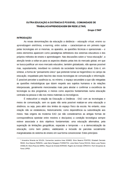 Outra educação a distância é possível: Comunidade de Trabalho/Aprendizagem em Rede (CTAR)