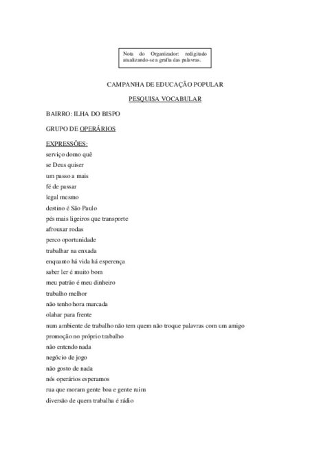 Campanha De Educação Popular Pesquisa Vocabular Bairro: Ilha Do Bispo Grupo De Operários